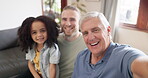 Selfie, family and grandfather with father and child at home, happiness and memory. Care, support and smile in picture, men with young girl kid in portrait, bonding and social media live stream