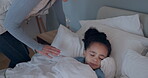 Night, light and girl sleeping in bed with care, support and love of mom and child to rest, relax and dream in sleep. Dreaming kid, asleep in family home and hands of mother to turn off bedroom lamp