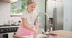 Girl, cleaning and child with soap on hands in kitchen sink and learning about bacteria, washing and hygiene for safety or health. Teaching, self care and clean hand in water for germs, virus or dirt