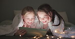 Tablet, night and happy with children in bedroom for storytelling, streaming and watching movies. Happy, internet and technology with kids relax in family home for subscription, online and media