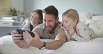 Funny, face and selfie with dad and children, girls or family with silly, goofy or joke photo for social media or profile picture. Father, kids or relax in bed together on phone in morning or weekend