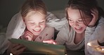Night, bed and girls with a tablet, funny or internet search to stream movies, cartoon and happiness. Friends, female children and kids in a bedroom, tech and social media with joy, evening or relax