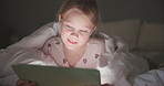 Girl, child and tablet in bedroom at night for online games, reading ebook story and educational app. Happy kid, digital technology and connection for streaming cartoon, web media and play in evening