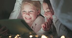 Tablet, night and movie with children in bedroom for storytelling, streaming and digital. Happy, internet and technology with kids relax in family home for subscription, online and social media