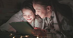 Tablet, relax and mother with daughter in bedroom for storytelling, streaming and watching movies. Happy, internet and technology with woman and girl in family home for subscription, online and media