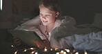 Happy girl, kid and tablet in bedroom at night for online games, reading ebook story or educational web app. Child, digital technology or connection for streaming cartoon, media or relax with blanket