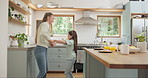 Dance, happy and mother with daughter in kitchen for celebration, love and energy. Music, happiness and trust with woman and young girl dancing in family home for support, learning and holding hands