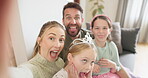 Funny, face and selfie of parents, kids and home for video call, profile picture or social media. Silly family, emoji or portrait of mom, dad and children in photograph, crazy memory or joke together
