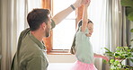 Dance, ballet and father with daughter in living room for celebration, happy or energy. Music, princess and trust with man and young girl dancing in family home for support, learning or holding hands