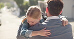 Father, child and running for hug after school in street outdoor, bonding and happy together. Dad, embrace and cuddle with girl for love, care and affection, smile and welcome back with family trust