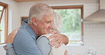 Happy senior couple hug in home for love, care and grateful for bonding, support and trust together. Face, man and embrace woman for anniversary, retirement and thank you to partner in relationship