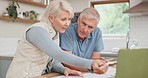 Finance, budget and senior couple on laptop with bills, paperwork and documents for retirement planning. Life insurance, computer and elderly man and woman talking for pension, payment and investment