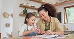 Mother helping her girl child with her homework in the kitchen for education studying at home. Creative, bonding and young mom drawing an art picture in a book with her daughter at the family house.