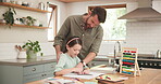 Child, father and help with math homework at a table in a family home for education and learning. Young girl, school kid or student with a man for advice, support and care for development with abacus