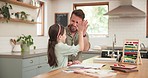 High five, kitchen and father doing homework with his child for mathematics studying with abacus. Celebrate, success and girl kid working on school education project with her dad in their family home