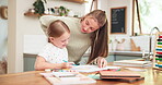 Girl, learning and tutor with drawing at house for education with knowledge and growth or art. Support, teaching and woman with kid for creative work  at kitchen table with notebook and child.