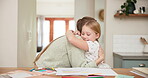 Mother, daughter and hug with homework for learning at house with bonding or school work. Girl, parent and embrace with childhood development in kitchen for education with notebook, care and growth.