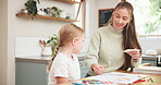 Mom, girl and learning with art for education at house with development and knowledge for school. Creative, kid and parent with drawing in family home with tutor for teaching for artistic child.