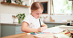 Learning, art and practice with girl with pencil at family house for education with notebook or sketch. Creative, child and drawing for development on kitchen table with knowledge in childhood.
