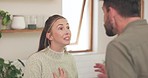Angry, woman and fight with partner in home for problem, breakup conflict and toxic relationship. Divorce, anger and frustrated couple shouting to blame for cheating, drama and argument of affair