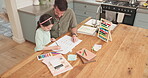 Child, father and help with math homework at a table in a family home for education, writing and learning. Young girl, school kid or student with man for advice and support for development from above