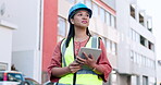 Construction, woman and check with tablet on architecture and engineer project outdoor. Building maintenance, technology and female person with tech for industrial inspection and city management