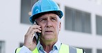 Phone call, industry and senior construction worker on a site on an online consultation for building. Technology, engineering and professional mature industrial foreman on mobile conversation on plot