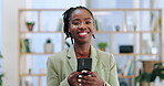 Happy black woman, phone and typing for communication, social media or networking at office. Portrait of African female person or employee smile with mobile smartphone app in online chat at workplace