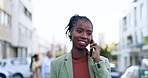 Black woman, business phone call and walking outdoor in a city for travel, communication and network. Female entrepreneur with smartphone for urban negotiation, conversation or connection for contact