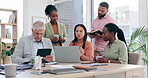 Business people, laptop and meeting in team planning, collaboration or strategy together at the office. Diversity and group of employees in teamwork discussion working on computer for project plan