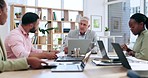 Businessman, meeting and documents in team collaboration for strategy, project or discussion at office. Senior man or CEO in teamwork discussion with paperwork for business proposal at the workplace