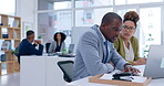 Laptop, teamwork and a mentor with a business black woman in the office for training or introduction to our vision. Computer, collaboration and a male manager talking to a female employee at work