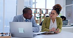 Laptop, collaboration and a manager with a business black woman in the office for training or introduction to our vision. Computer, teamwork and a male mentor talking to a female employee at work