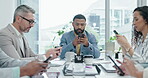 Business meeting, phone and corporate web waiting for stock market results on an online app. Teamwork, staff and mobile networking with internet scroll in a office with worker and company employee