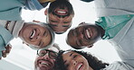 Team building, motivation or portrait of business people in huddle for collaboration, partnership or community. Faces, low angle or happy group of workers with smile, mission goals or target together