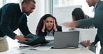 Business woman, overwhelmed and stress for busy staff, documents or laptop at modern office in chaos. African corporate leader, ceo or manager for stress, burnout or fatigue by computer with headache