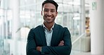 Face, business and man with arms crossed, professional and entrepreneur with success, smile and office. Portrait, male person and employee with happiness, workplace and confident consultant with joy