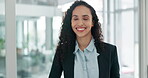 Black girl, portrait and happy with confidence or lawyer at company for success or motivation. Employee, entrepreneur and female professional or positive mindset at corporate office with goal.