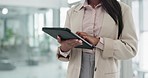 Office, businesswoman and closeup of a digital tablet for corporate research on the internet. Typing, online and professional female person browsing on social media with technology in the workplace.