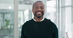 Face, smile and leadership with a black man manager standing in his office while laughing at a funny joke. Portrait, management and a happy senior male leader or CEO in the corporate workplace