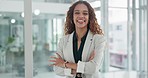 Face, happy and a corporate business woman in the office, laughing at a joke while looking proud at work. Portrait, smile and a young female employee in a suit standing in her professional workplace