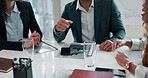 Hands, meeting and planning with a business team in the boardroom for a strategy workshop or seminar. Collaboration, corporate and discussion with professional colleagues in the office closeup