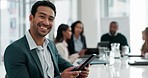 Face, business and Asian man with a tablet, meeting and planning with digital software, smile and website information. Portrait, male person and employee with staff, technology and online reading