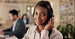 Call center, indian woman and face of consultant at computer for customer service, contact us and working late. Portrait, happy female telemarketing agent or consulting at help desk for CRM questions