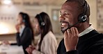 Call center, black man and consulting at computer for customer service, contact us and working late. Happy male telemarketing agent at help desk for CRM questions, sales advisory or technical support