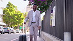 travel, suitcase and business with black man in city for corporate, convention and journey. Vacation, conference and luggage with male employee walking for trip, airport and hotel destination