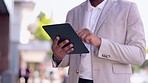 City, closeup and man with tablet, business and typing with connection, online reading and digital software. Male person, web designer and employee outdoor, website info and network with social media