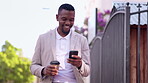 Business, phone call and black man in city for conversation, mobile networking or entrepreneur walking to urban office or work. Businessman, hello and talking on smartphone with contact, crm or b2b