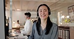 Face, call center and Asian woman with telemarketing, smile and ecommerce with advice, help and crm. Portrait, female person or agent with headphones, consulting or customer service with tech support