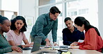 Teamwork, meeting and planning for a project, proposal or people together for collaboration of ideas on report or document. Business, team and brainstorming strategy and discussion with feedback